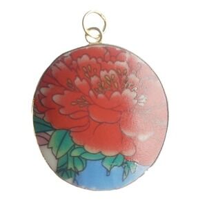 Red Peony Floral Transferware Pottery Shard Pendant Porcelain Chinoiserie Focal